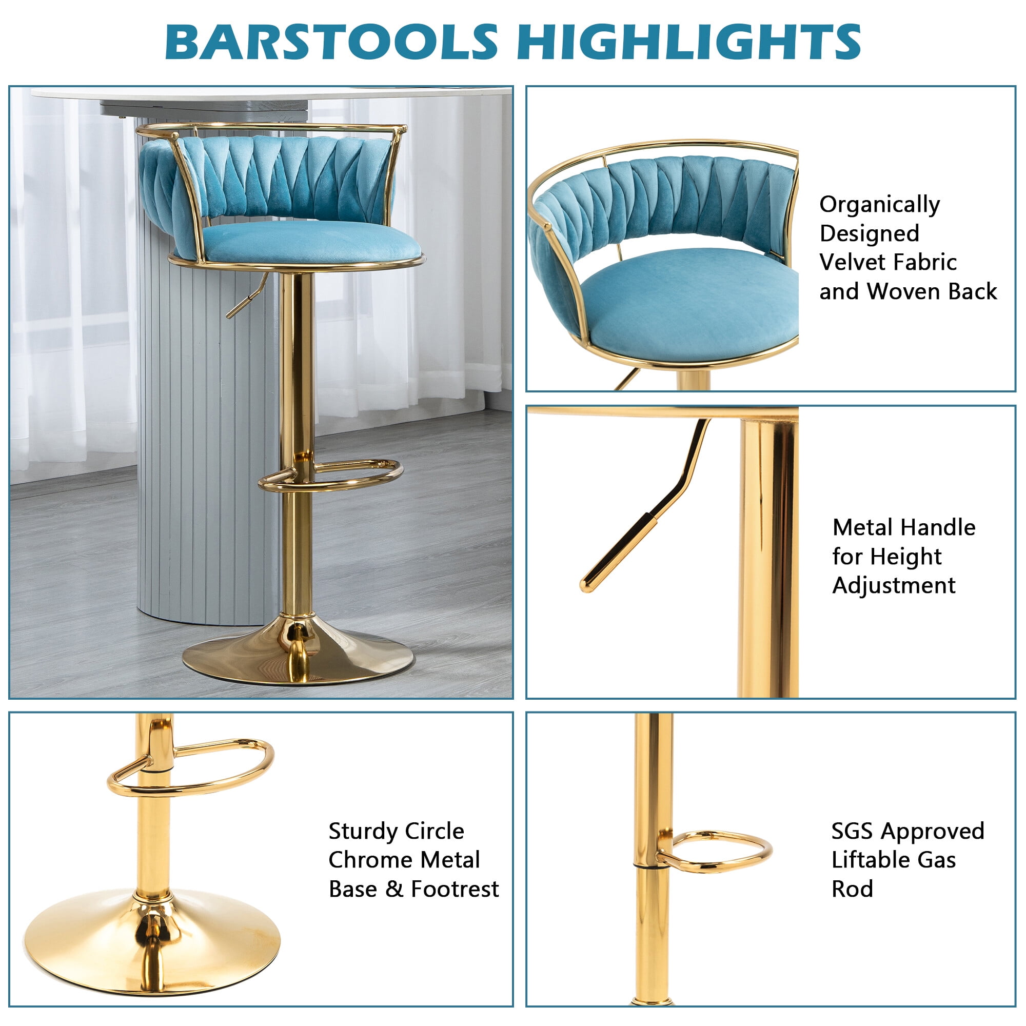 DREAMSIDEA Swivel Bar Stools Set of 4 Modern Velvet Upholstered High Back Adjustable Bar Chairs with Golden Footrest for Kitchen Counter Square Island, Blue