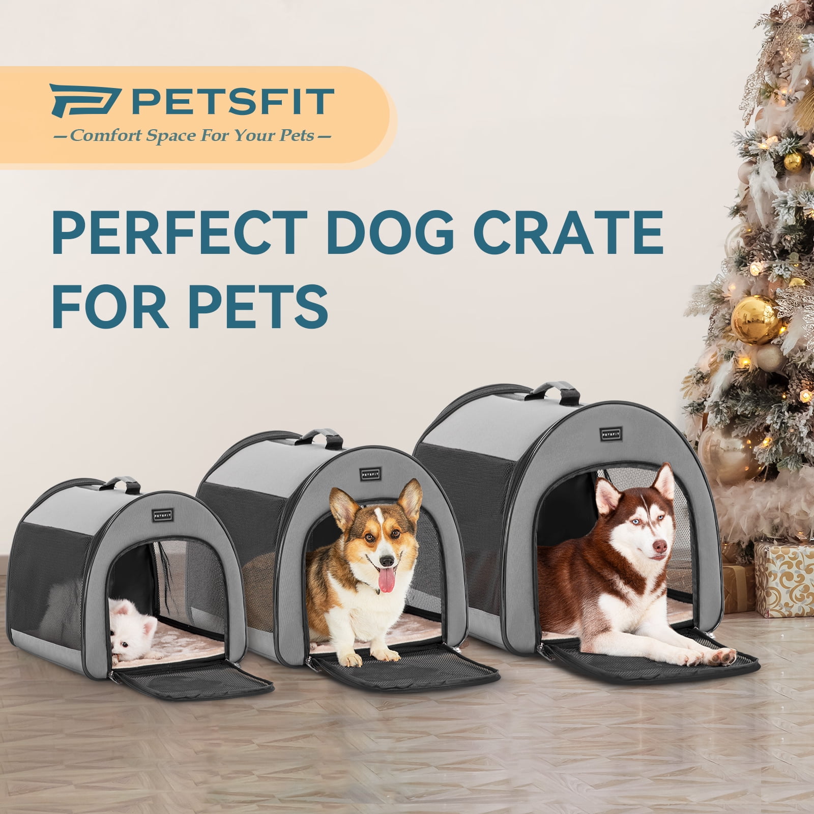 Petsfit Soft Dog Crate for Medium Dog, Arch Design Indoor & Outdoor Soft Sided Travel Crate, Collapsible Portable Pet Carrier,Grey,Medium