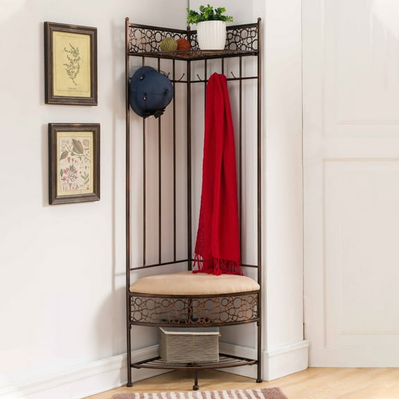 Kings Brand Furniture Brushed Copper Metal Corner Entryway Hallway Storage Bench with Coat Rack