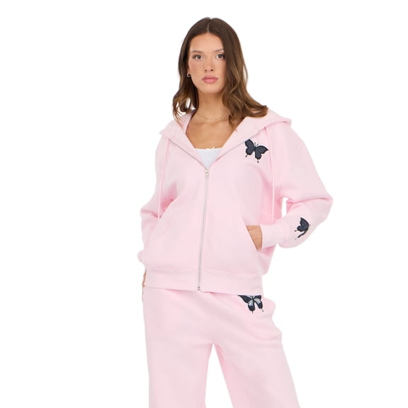 Forever 21 Women’s Zip Up Hoodie with Floral Patches, Relaxed Fit Hooded Sweatshirt with Front Pockets for Casual Everyday Layering, Pink, X-Small