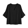 thumbnail image 5 of MaFYtyTPR Women's 3/4 Sleeve Cotton-Linen Blouse Fashionable Solid Color Loose V-Neck Shirt Three-Quarter Sleeve Tops for Women A-Black L, 5 of 6