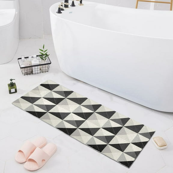 Bath Mat Soft Plush Non-Slip Absorbent Bathroom Rugs 39"x20" Black White Geometric