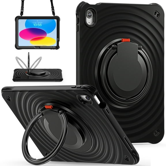 ELEHOLD Case for Apple iPad 10th Gen, Portable Hybrid Shockproof iPad Case with Pencil Holder & Hanging Ring Handle Rotatable Kickstand,Black