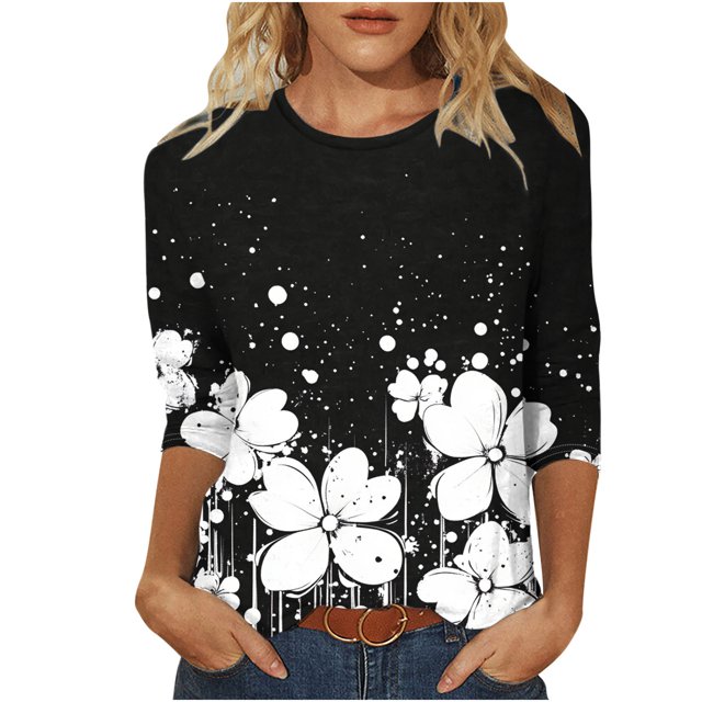 Staron Hauts d'Été pour Femmes Tendance en Liquidation à Moins de 5$ Tunique à Manches 3/4 Col Rond Imprimé Floral Décontracté T-Shirts Basiques