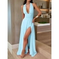 thumbnail image 4 of Womens Halter Deep V Neck Maxi Dress Sleeveless Backless Split Long Dress Light Blue L, 4 of 6