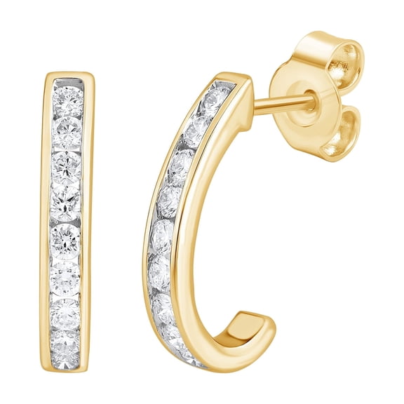 DewberryDiamonds 3/8 cttw Lab Grown Diamond Classic J Shape Hoop Earrings | 925 Sterling Silver 14k Yellow Gold Plated Round Cut Channel Set Diamond Hoop Earrings (Clarity: VS, Color: EF, 0.40cttw)