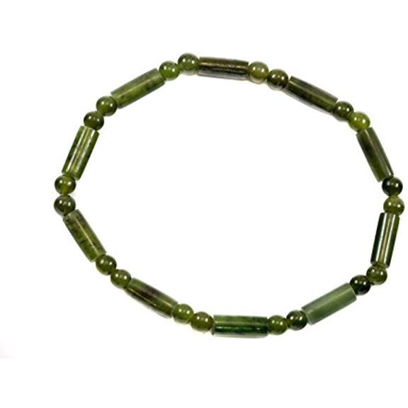 Jade Bracelet Green Nephrite Beaded Smooth Tube Shaped Stones Adjustable Stretch, 7" Designed for Adult Women