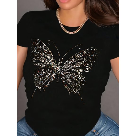 Butterfly Print Graphic Crew Neck Short Sleeve T-shirt for Women, Casual Summer Top，Fashion Women Sportwear