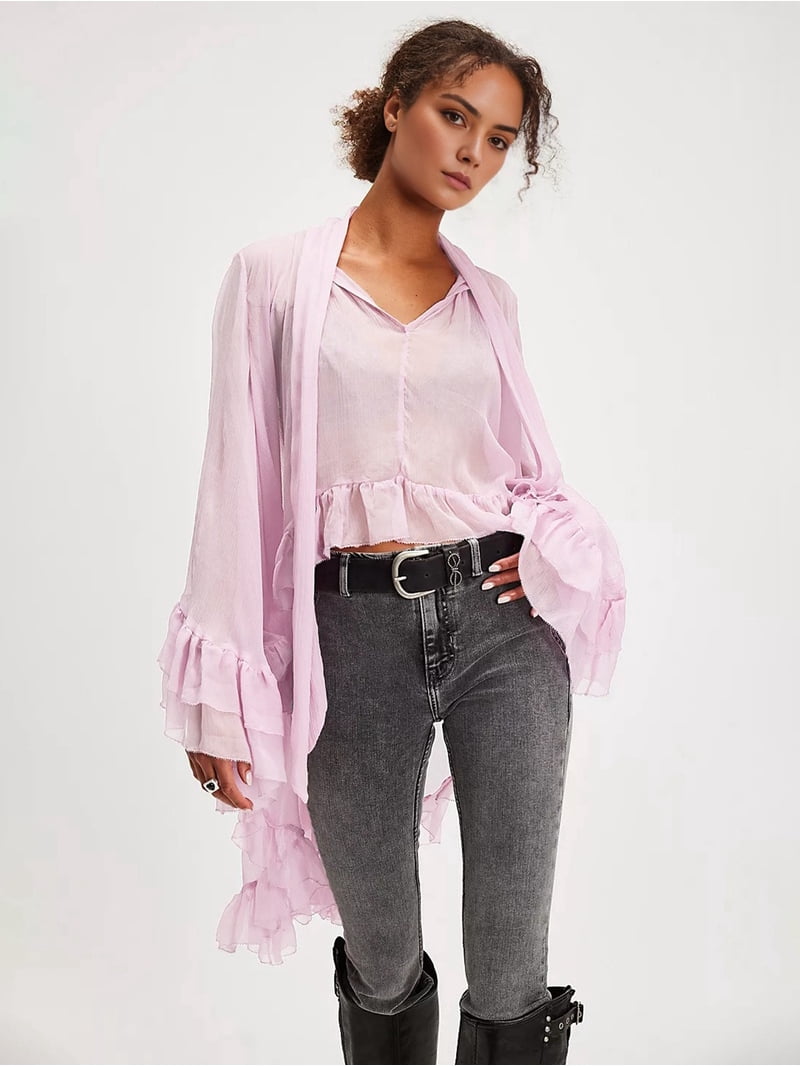 Women Long Bell Sleeve Frill Top See Through Sheer Mesh Blouse