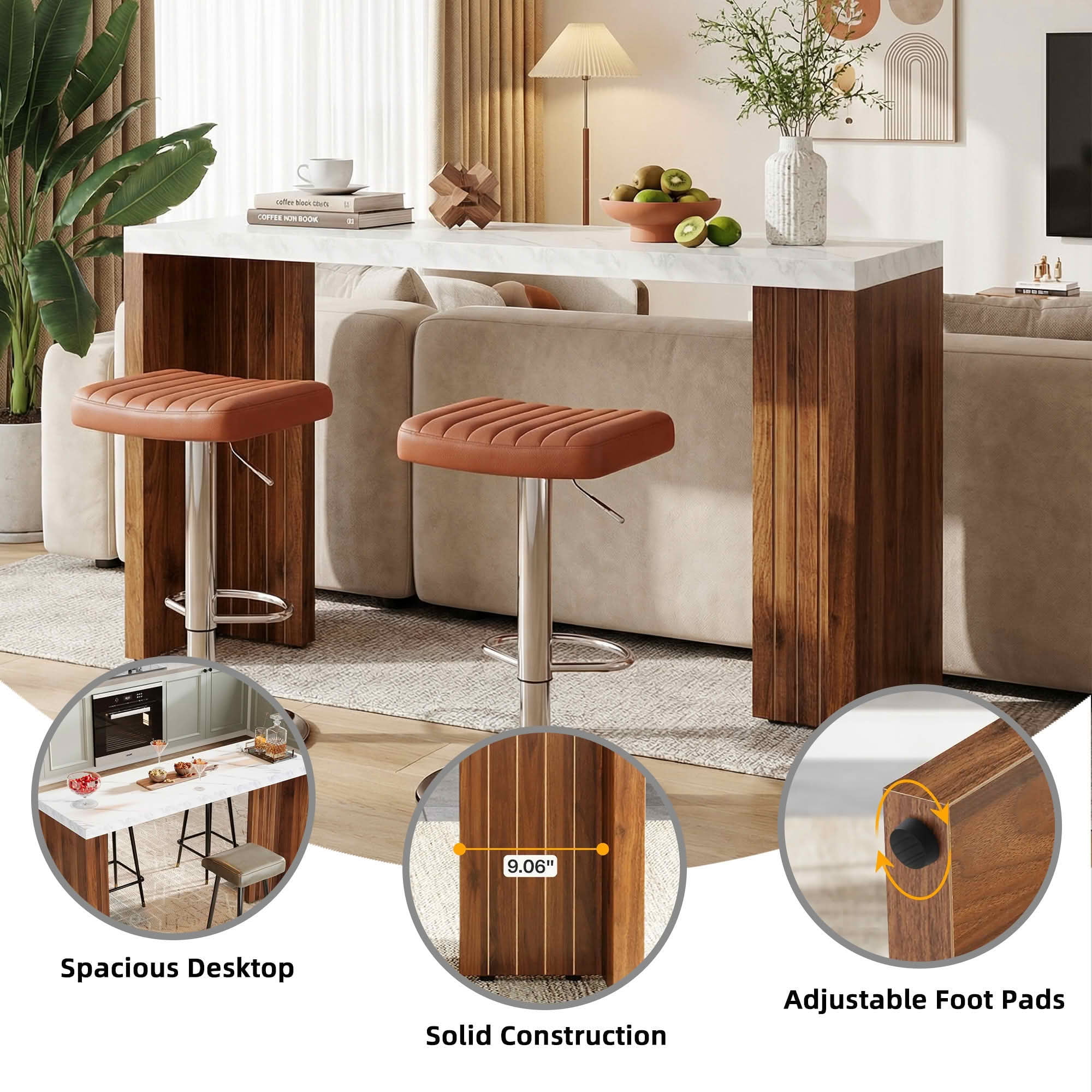 MAYEERTY 55.12" Minimalist Bar Table, Faux Marble Top & Dark Walnut Legs, 36.02" Height Heavy-Duty Home Bar Unit
