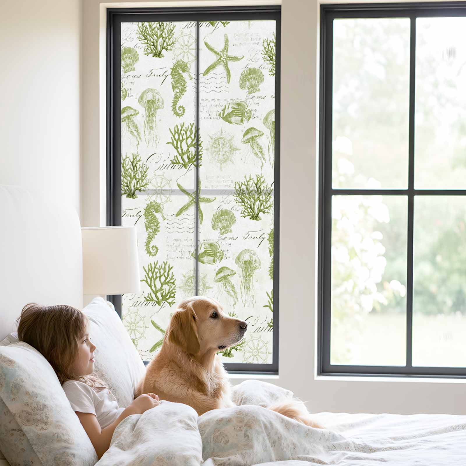Seahorse Coral Shell Window Privacy Film, Starfish Ocean Frosted Glass Window Clings Static Cling UV Heat Blocking Reusable Door Sticker for Bathroom 23.6 x 59 Inch