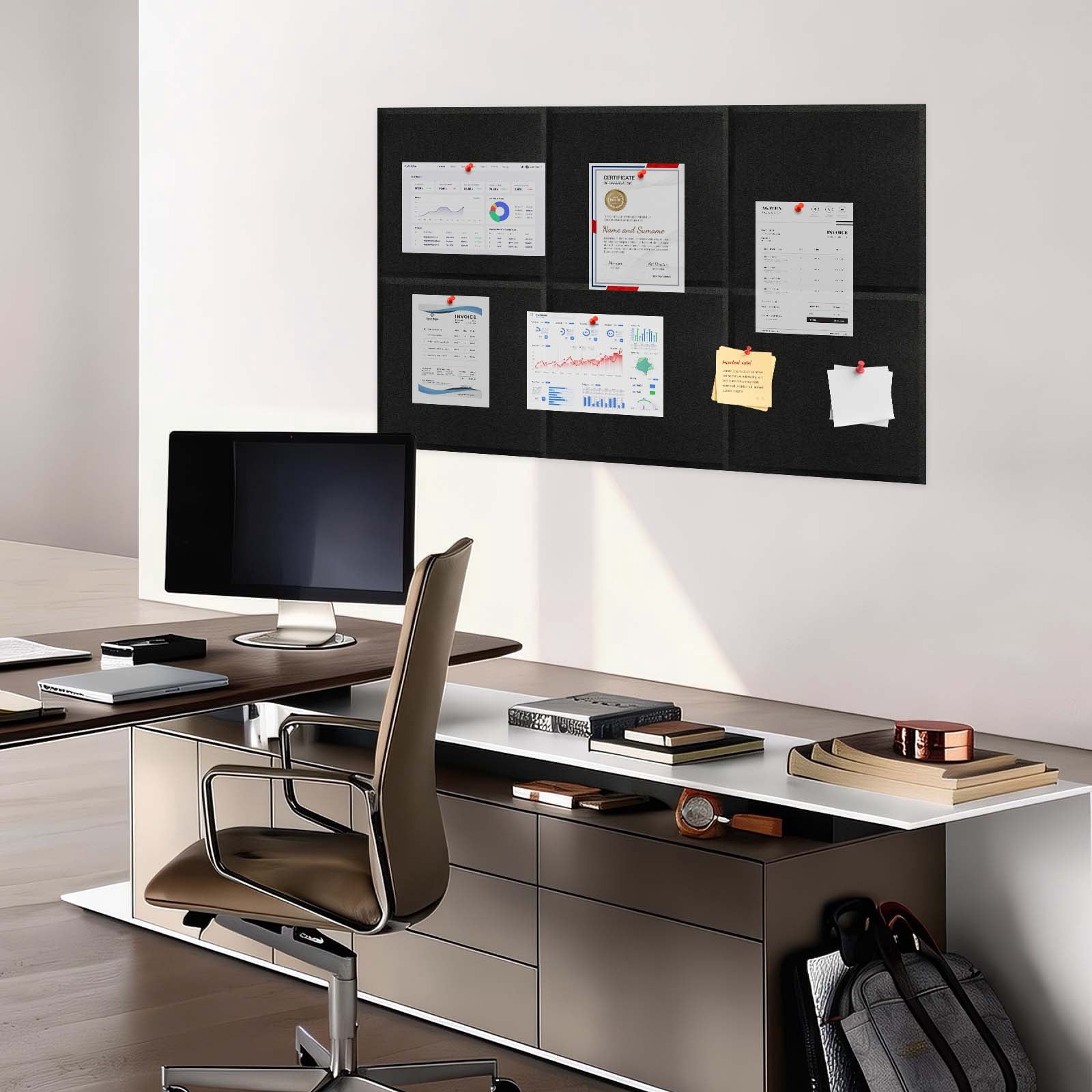 Large Cork Board 36" x 24" Alternative - 6 Pack Felt Wall Tiles with 50 Safe Removable Adhesive Tabs, 30 Pushpins, Cork Boards for Walls Pin Board Bulletin Board Office Decor (Black)
