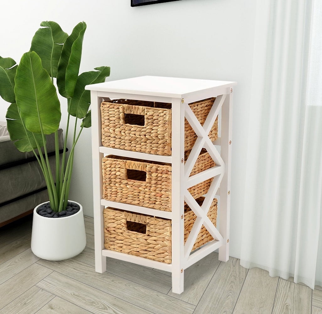 eHemco 3 Tier x-Side End Table Side Table Storage Cabinet with 3 Natural Water Hyacinth Wicker Baskets, White