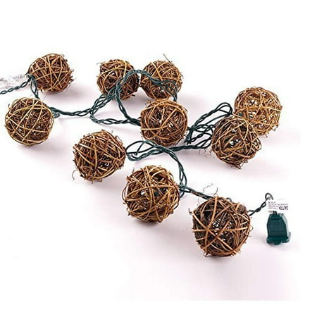 Rattan Ball Lights Diy 10 Counts Natural Rattan Balls String Light. Warm White Light for Patio, Wedding, Garden and Party Brown Rattan and Green Cord ()