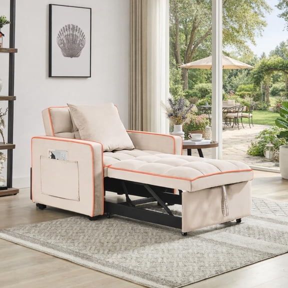 EPOWP Sleeper Chair, Pull Out Chair Sleeper with Adjustable Back & Pocket, Convertible Chairs Bed Sleepers for Adults, 3 in 1 Sofa Bed Chairs for Small Spaces, Living Room, White