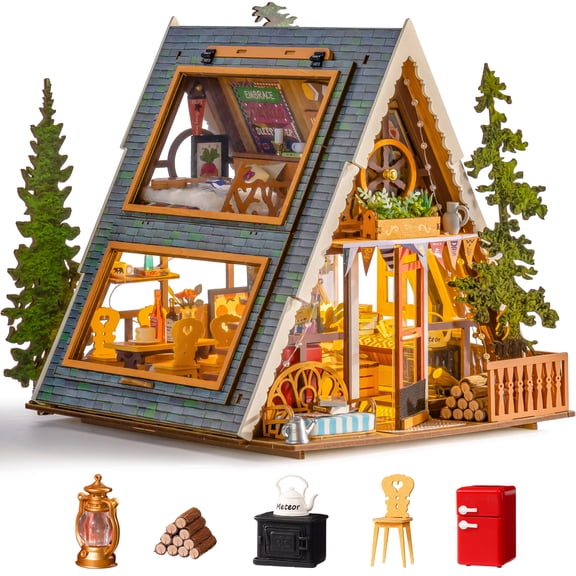 Robotime A-Frame Cabin DIY Miniature House Kit,Mini Wooden Dollhouse Building Sets for Home Decor,Tiny House Craft Kits Gift for Adults Teens