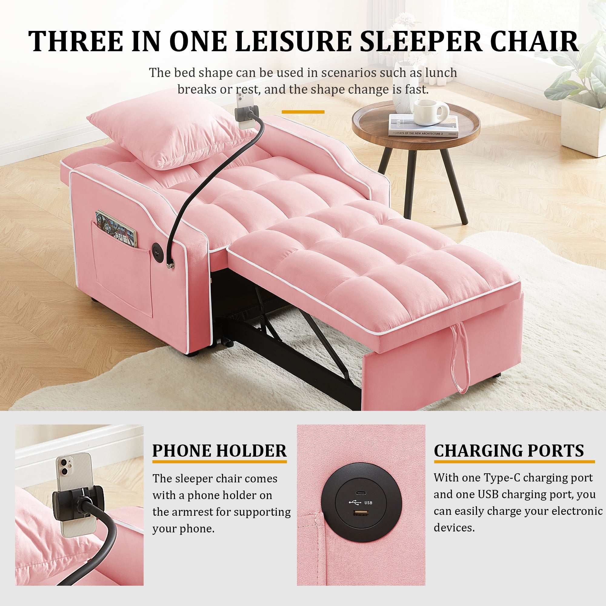 MOONMISS 3 in 1 Sleeper Sofa Chair Bed,Velvet Adjustable Recliner with Charge Ports&Phone Holder,Pink