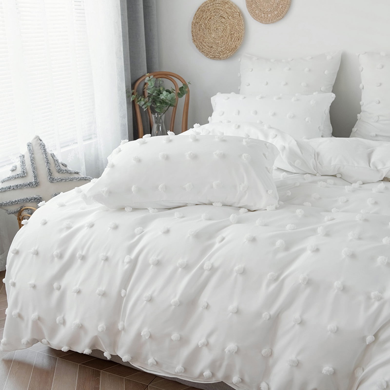 Qookiee White Tufted Dot Duvet Cover Sets Queen Size Boho Soft Embroidery Shabby Chic Duvet Covers 100% Soft Luxury Microfiber Washed Bohemian Bedding Sets 1 Duvet Cover 90x90 in and 2 Pillow Shams