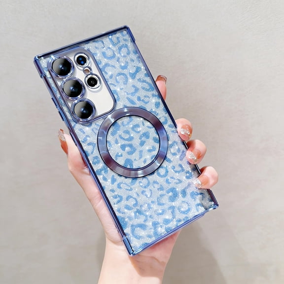 Glitter Case for Samsung Galaxy S24 Ultra Phone Case, Magnetic Compatible with Mag-Safe, Sparkle Bling Shiny Sparkly Shining Design, Leopard Pattern Shockproof Cover for Women Girls, Blue