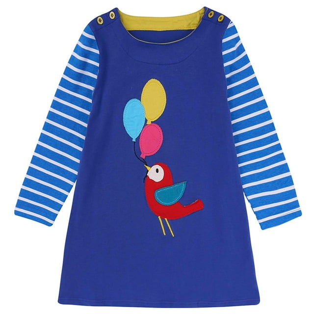 Vestido Para Niñas, Ropa Para Niñas, Ropa De Otoño Para Niños, Camiseta De Manga Larga Con Dibujos Animados A Rayas, Vestido Bordado Azul Odeerbi LM103-208