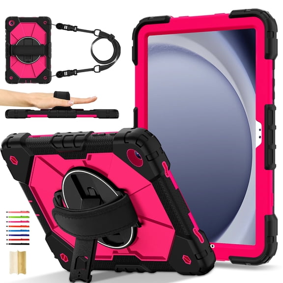 Kids 3-layer Design Case for Samsung Galaxy Tab A11  11.0" 2025 SM-X230 / SM-X235 / SM-X236B, with 360 Rotating Kickstand Hand-strap/ Shoulder Strap Heavy Duty Protective Tablet Cover, Black Rose