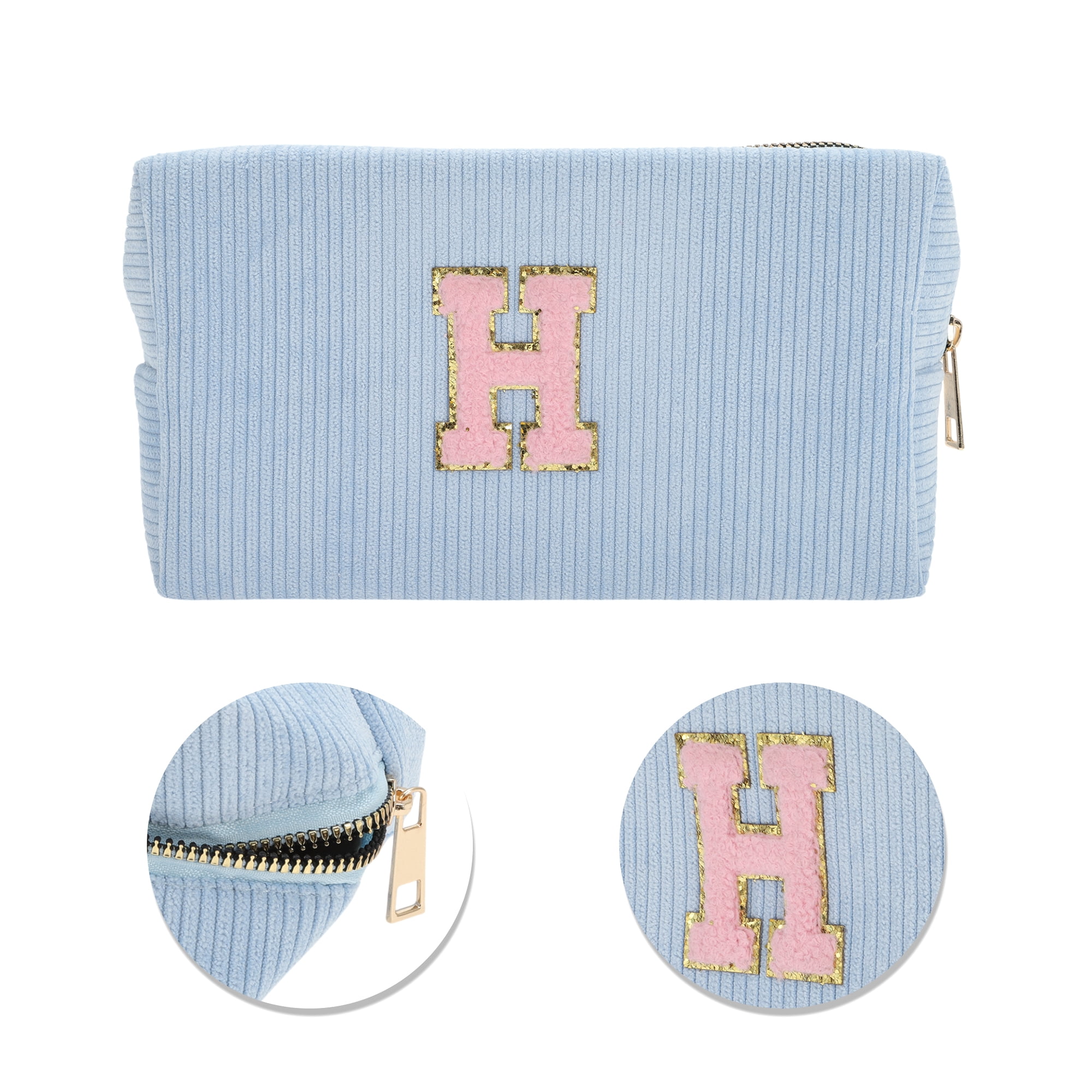 Unique Bargains 1 Pc Corduroy Rectangular Letter Makeup Bag Sky Blue [Letter H]