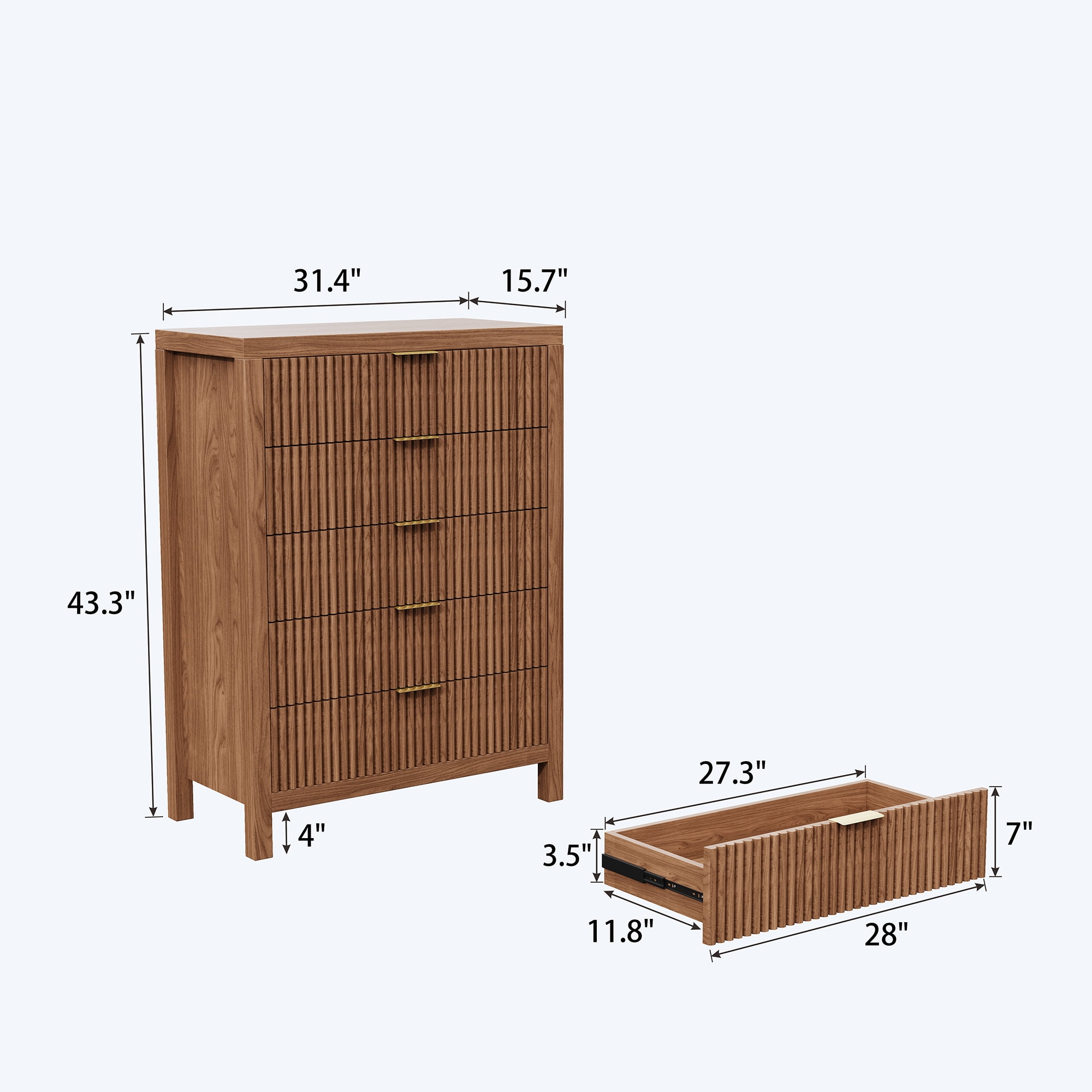 Fluted 5 Drawers Dresser, Modern 43" Tall Modern Chest of Drawers Farmhouse Dressers, Walnut