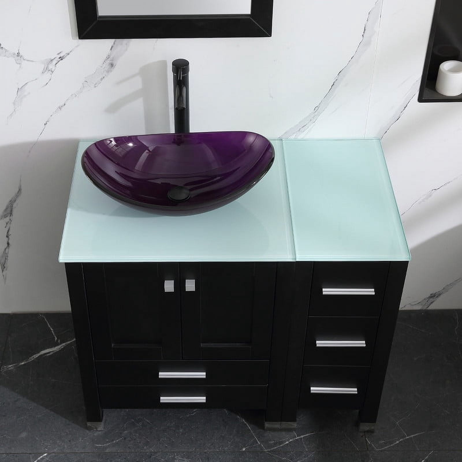 Walsport 36" Luxurious Bathroom Vanity with Purple Tempered Glass Vessel Sink Bowl and Countertop and Mirror and Faucet,Stand Floor Cabinet Bathroom Storage Vanity with Pop Up Drain,Black