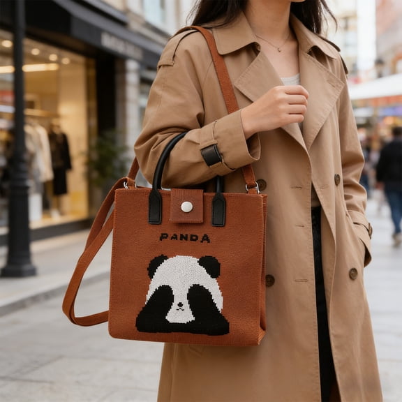 Women Canvas Tote Bag, Cute Panda Handbags, Casual Shoulder Work Bag for Shopping Travel Work (1PC, Brown)