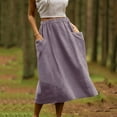 thumbnail image 2 of cfhntfmh Women's Cotton Linen Midi Skirts Boho Elastic Hgih Waist a Line Flowy Skirts with Pockets Casual Solid Beach Skirt, 2 of 7