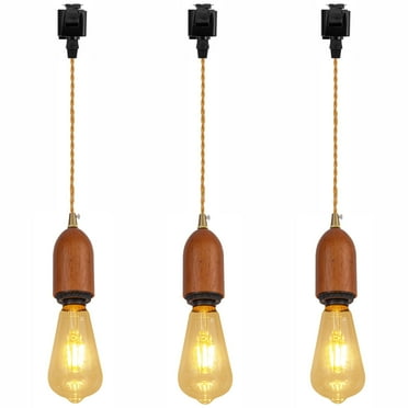 FSLiving J-Type Track Pendant Light with Cord Nordic Style Industrial Factory Pendant Lamp Wooden E26 Socket with Smart Edison Bulbs Timer Natural Walnut, DIY Project for Kitchen Island - Set of 3