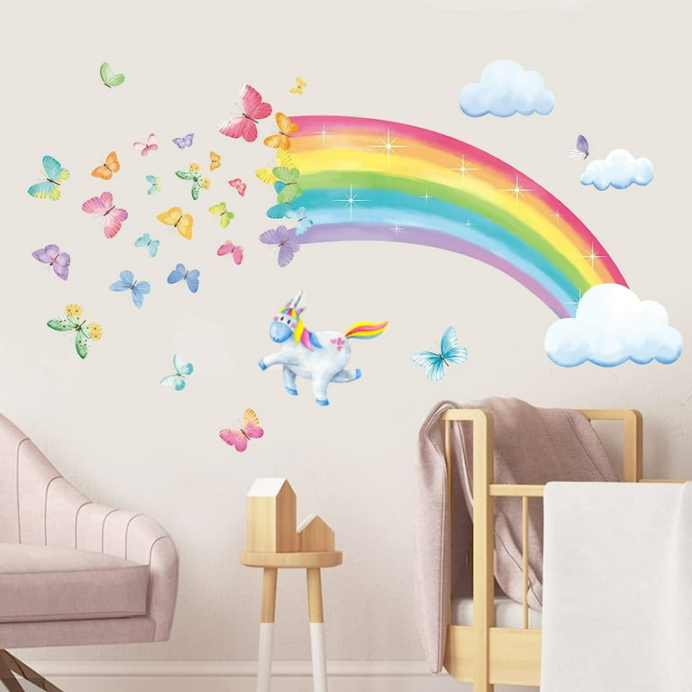 Rainbow Wall Decals Unicorn Rainbow Butterflies Clouds Wall Stickers Baby Nursery Girls Bedroom Living Room Wall Decor