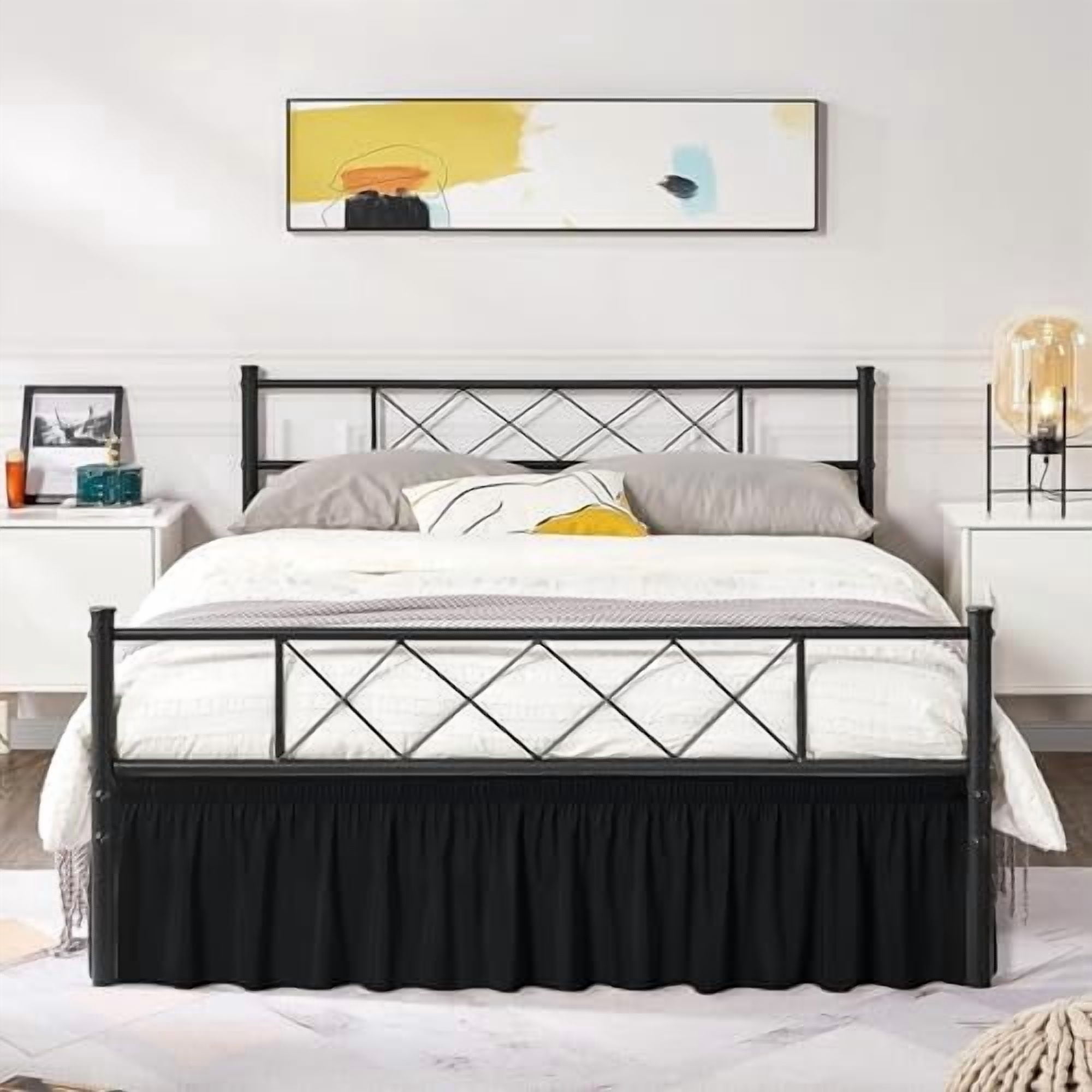 Wrap Around Bed Skirts with Split Corners for King Beds 15" Drop, Black Adjustable Elastic Dust Ruffles Easy Fit Wrinkle Resistant Silky Luxurious Fabric Machine Washable