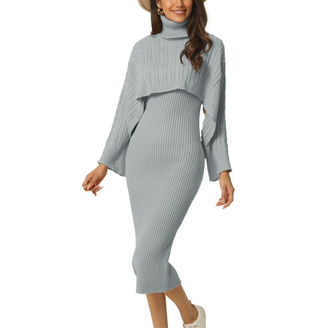 INSPIRAR CHIC Conjuntos de Dos Piezas para Mujeres Suéteres de Punto de Manga Larga con Cuello de Tortuga y Vestido Midi Bodycon de Tanque L Gris Claro