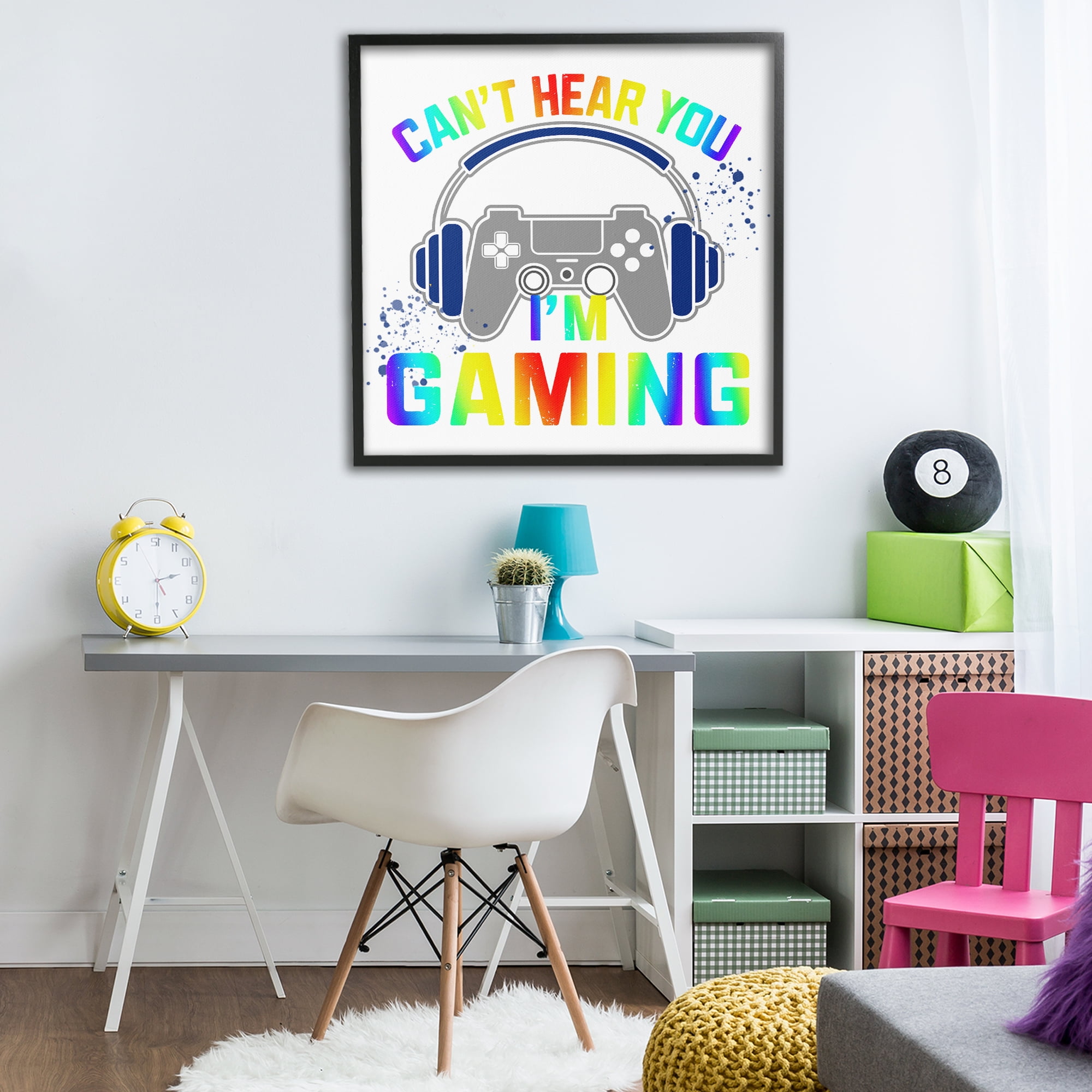 Rainbow Can't Hear You Gaming Black Framed Giclee Art, design by Kim Allen