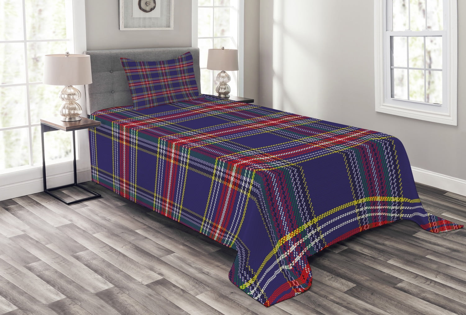 Plaid Bedspread Set Twin Size, Old Fashioned Scottish Tartan Country