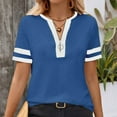 thumbnail image 4 of Fesfesfes Women's Summer T-Shirt Leisure Short Sleeve Contrast Stripe Collar Cuffs V-neck Tops Trendy Breathable Daily Wearing Blouses(Blue,2XL), 4 of 8