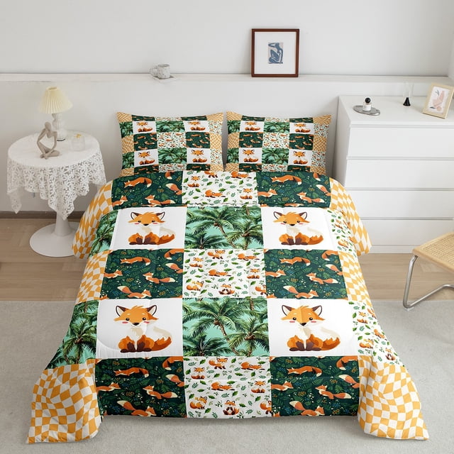 Erosebridal Cartoon Fox Comforter Sets Toddler Size, Plam Tree Comforters & Duvets, Patchwork Animal Decor, 2 Pieces