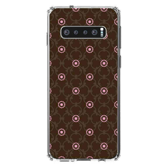 DistinctInk Clear Shockproof Hybrid Case for Samsung Galaxy S10  PLUS(6.4" Screen) - TPU Bumper, Acrylic Back, Tempered Glass Screen Protector - Brown & Pink Floral Pattern