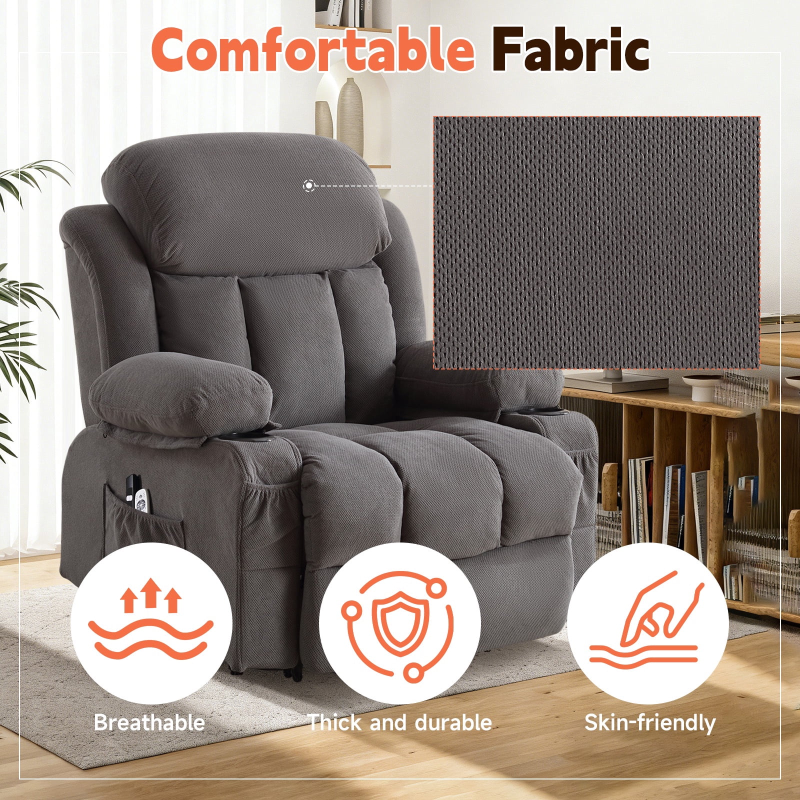 UHOMEPRO Lift Recliner Chair for Elderly and Adult, Electric Recliner with Heat and Vibration Massage, Remote Control, USB Port, Side Pockets & Cup Holders, Gray