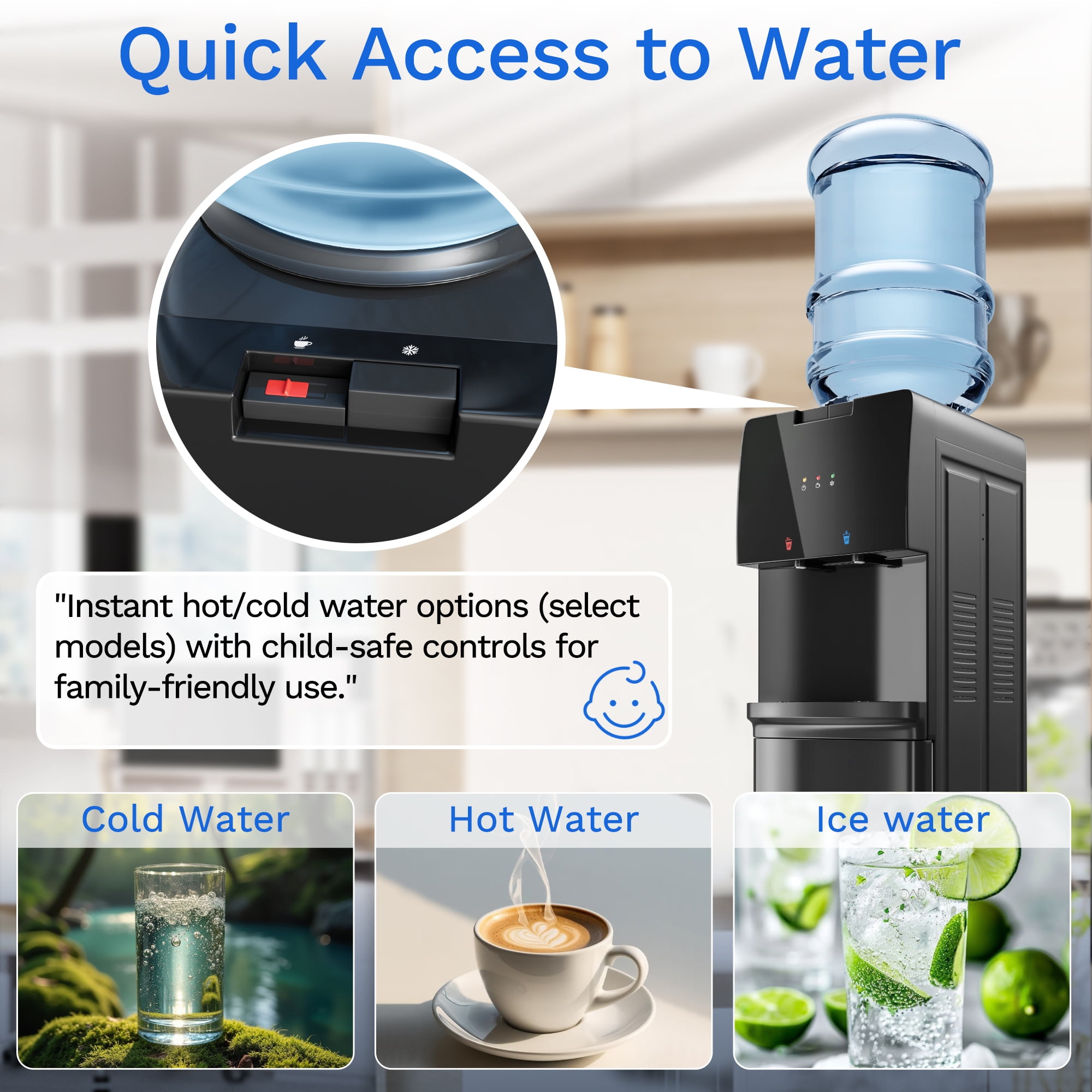 Patiosunny Top Loading Double Temperature Water Dispenser for 3 or 5 Gallon Bottles, Safety Lock, Detachable Water Tray, Stylish Black