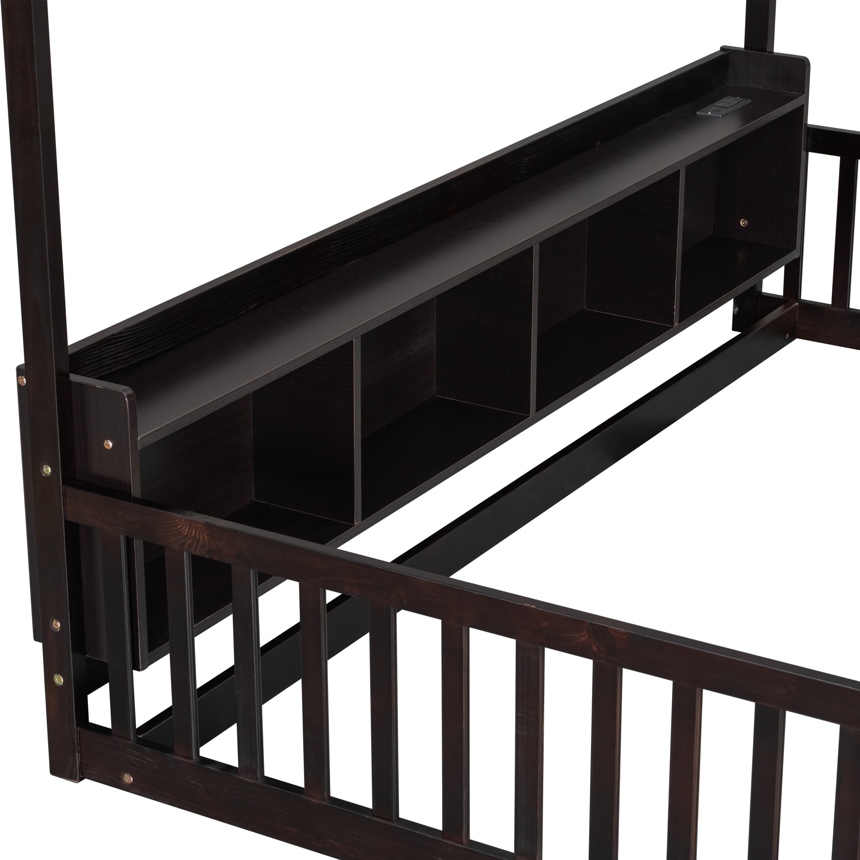 Floor Bed with House Design and Storage Shelves, Twin Pine Wood Platform Bed and Charging Station Bed Frame with LED Lights and Guardrails, Espresso