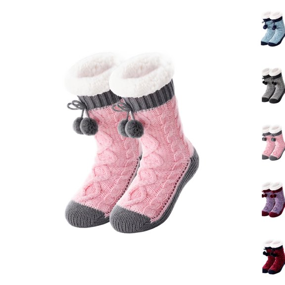 Women Sherpa Lined Cable Knit Slipper Socks with Pom Pom, Thick Warm Non Slip Home Socks, Cozy Fleece Lined Winter Cabin Socks for Indoor Wear Pink