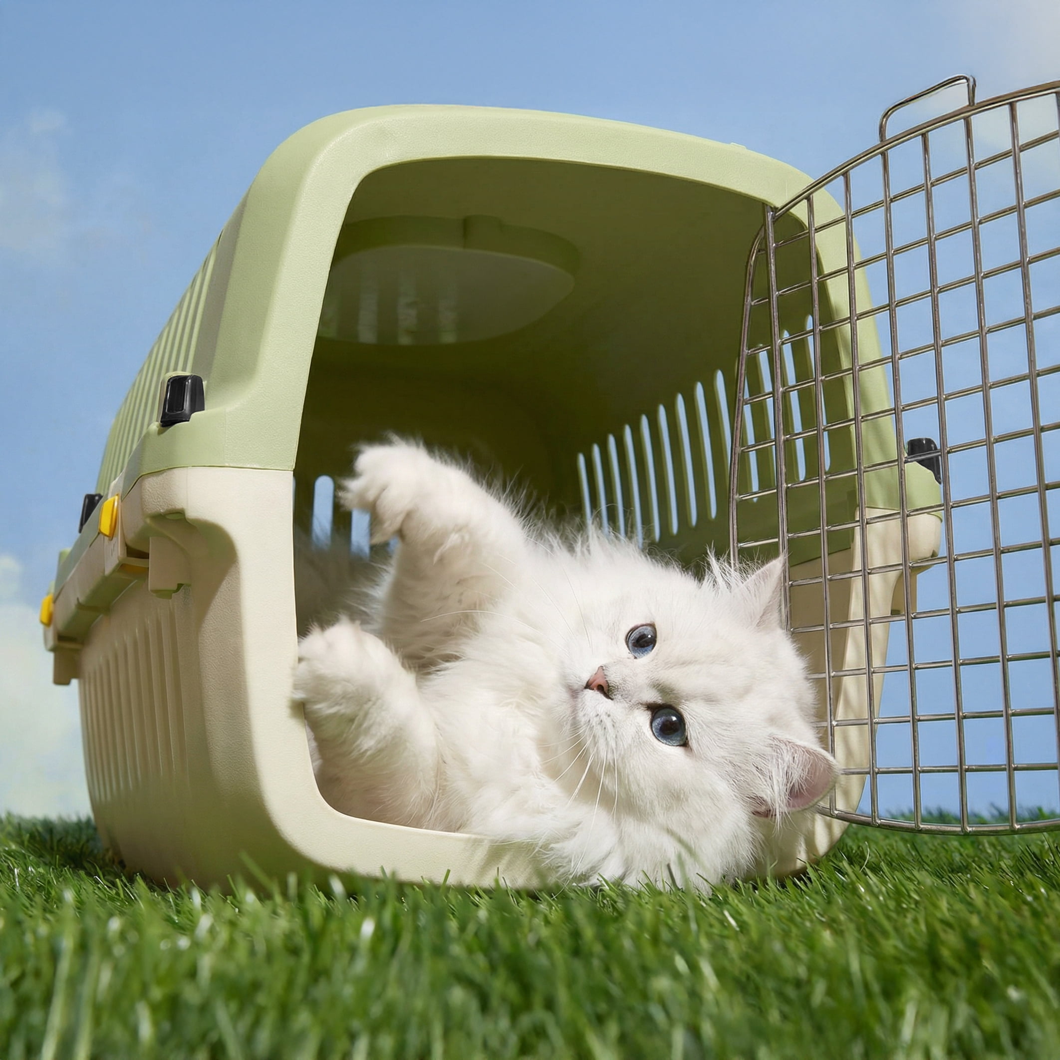 Oodles 20" Plastic Travel Pet Kennel with Clip On Bowl, Green
