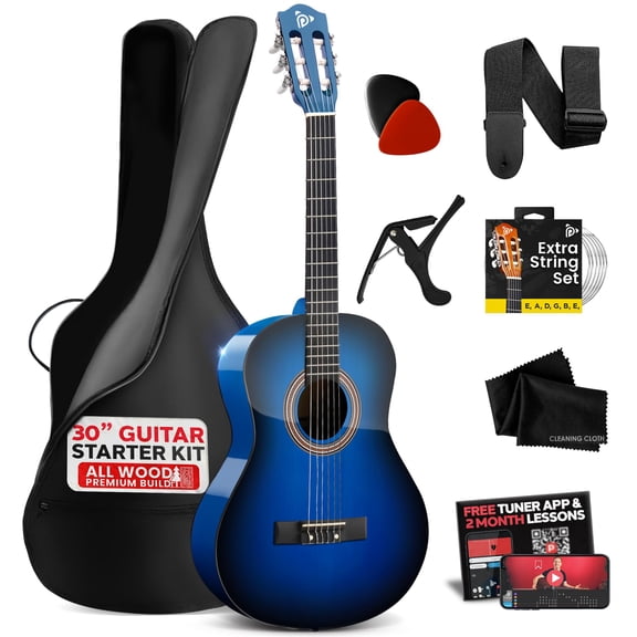 Pyle Classical Guitar Starter Kit, 30" 1/4 Size All-Wood Nylon String Guitar for Beginners, Includes Capo, Gig Bag, Strap, Picks & Strings, Blue Gloss