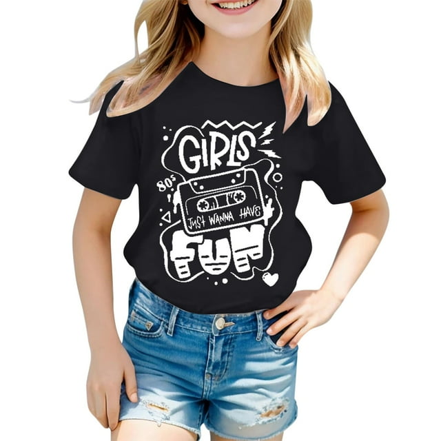 T-shirts Mode Décontractée pour Filles, Col Rond à Lettres, Manches Courtes, Noir 6 Ans-7 Ans