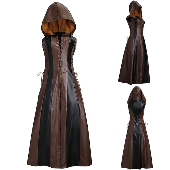 Meichang Women's Sleeveless Steampunk Gothic Dress with Hooded Lace Up Medieval Renaissance Goth Dresses Halloween Cosplay Costume