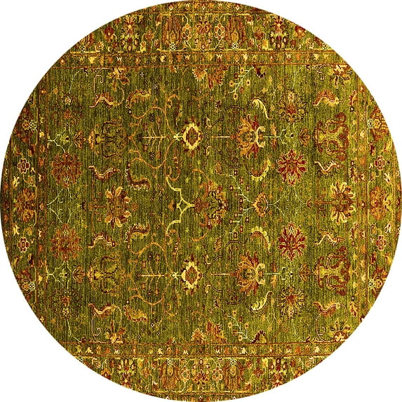 Ahgly Company Machine Washable Indoor Round Oriental Yellow Traditional Area Rugs, 4' Round