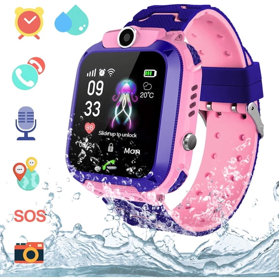 Amerteer Kids Waterproof Smart Watch Phone, AGPS Tracker Touchscreen Anti-Lost Smartwatch SOS Alarm Clock Camera Smart Watch Christmas Birthday Gifts for 3-12 Boy Girls-Pink