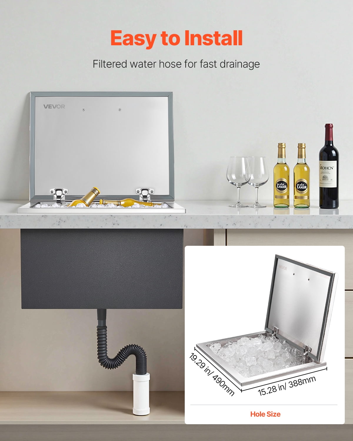VEVOR Drop in Ice Chest, 20"L x 16"W x 13"H Stainless Steel Drop in Cooler, 44.7 Quart Commercial Ice Bin with Flip Lid for Outdoor Kitchen Patio Bar, Drain-pipe Set Included, for Cold Wine Beer